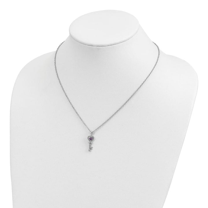 Sterling Silver 14k Accent Amethyst and Diamond Key 20 inch Necklace