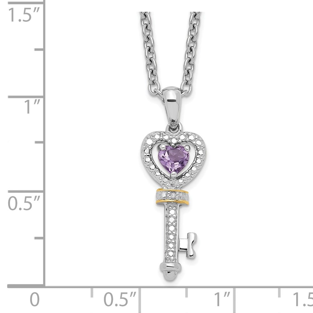 Sterling Silver 14k Accent Amethyst and Diamond Key 20 inch Necklace