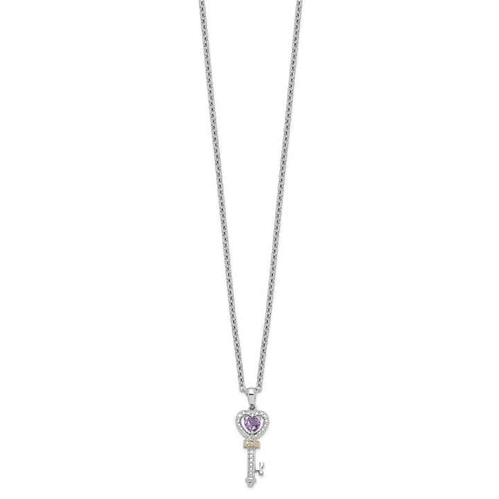 Sterling Silver 14k Accent Amethyst and Diamond Key 20 inch Necklace