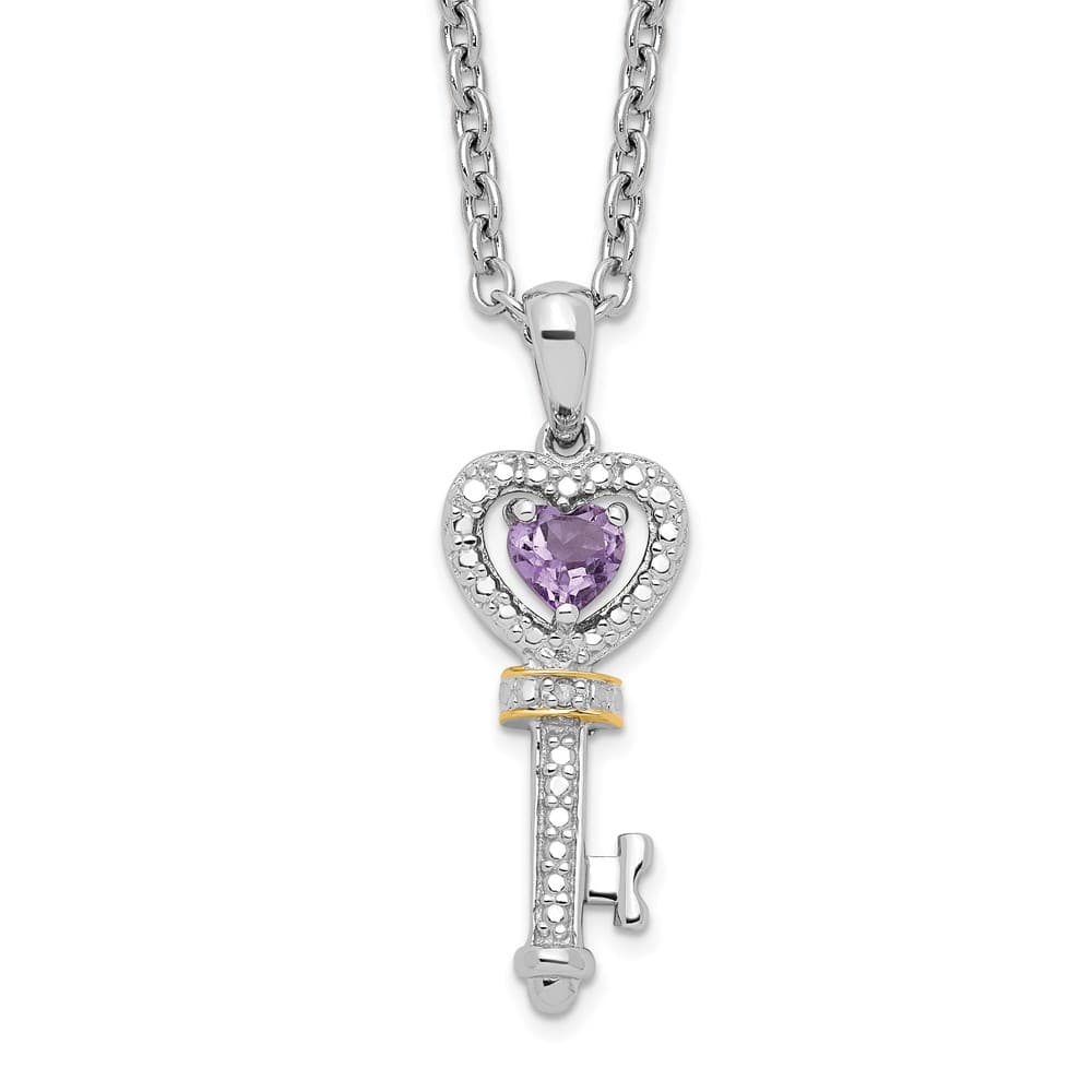 Sterling Silver 14k Accent Amethyst and Diamond Key 20 inch Necklace