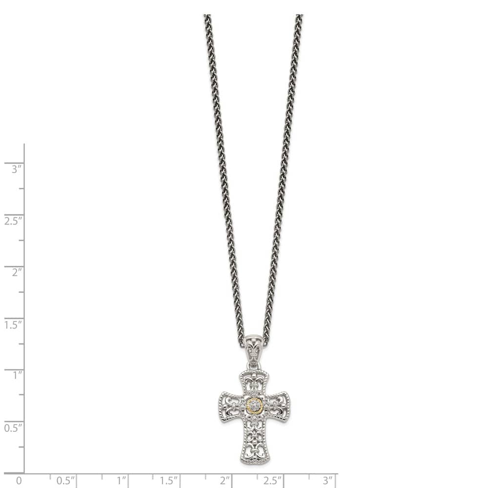 Sterling Silver 14K Accent Diamond Cross 18 inch Necklace