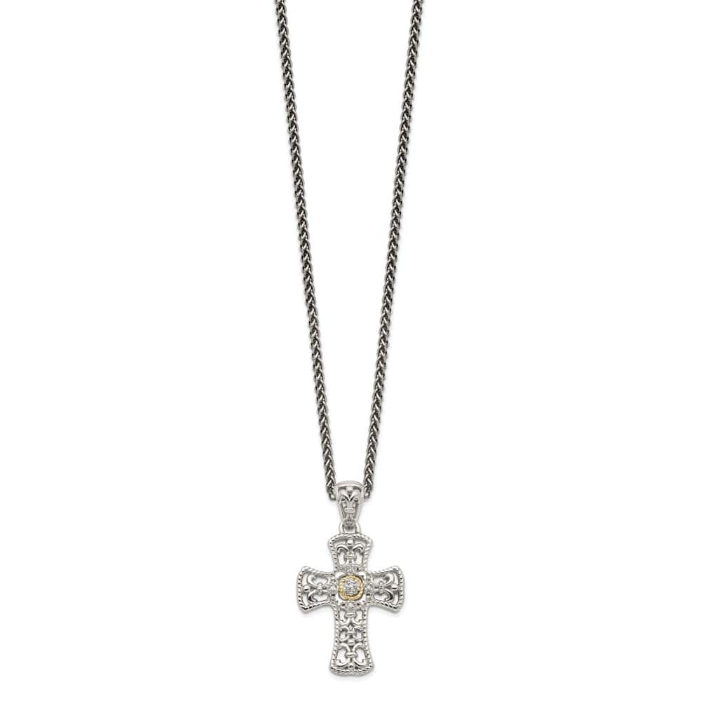 Sterling Silver 14K Accent Diamond Cross 18 inch Necklace