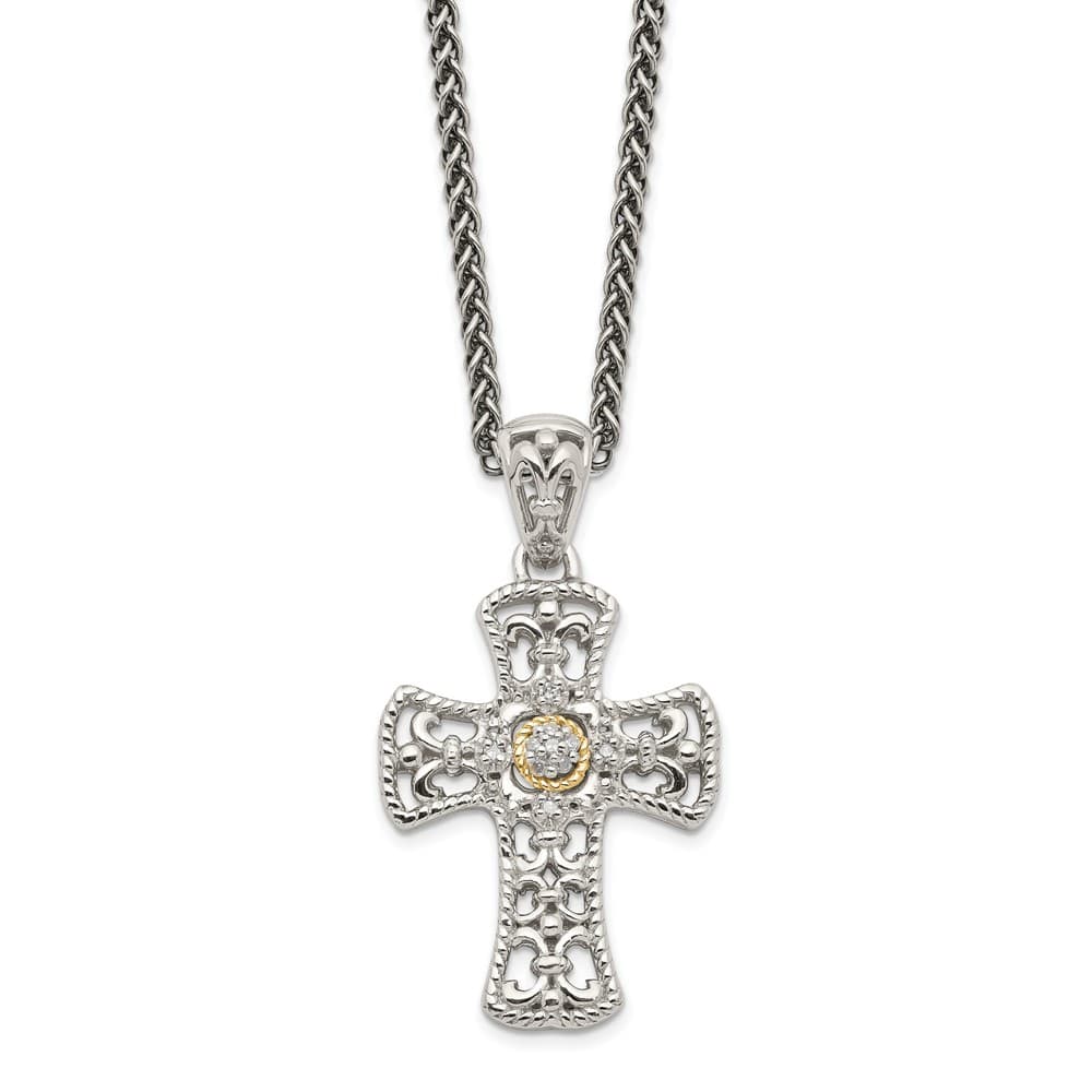 Sterling Silver 14K Accent Diamond Cross 18 inch Necklace