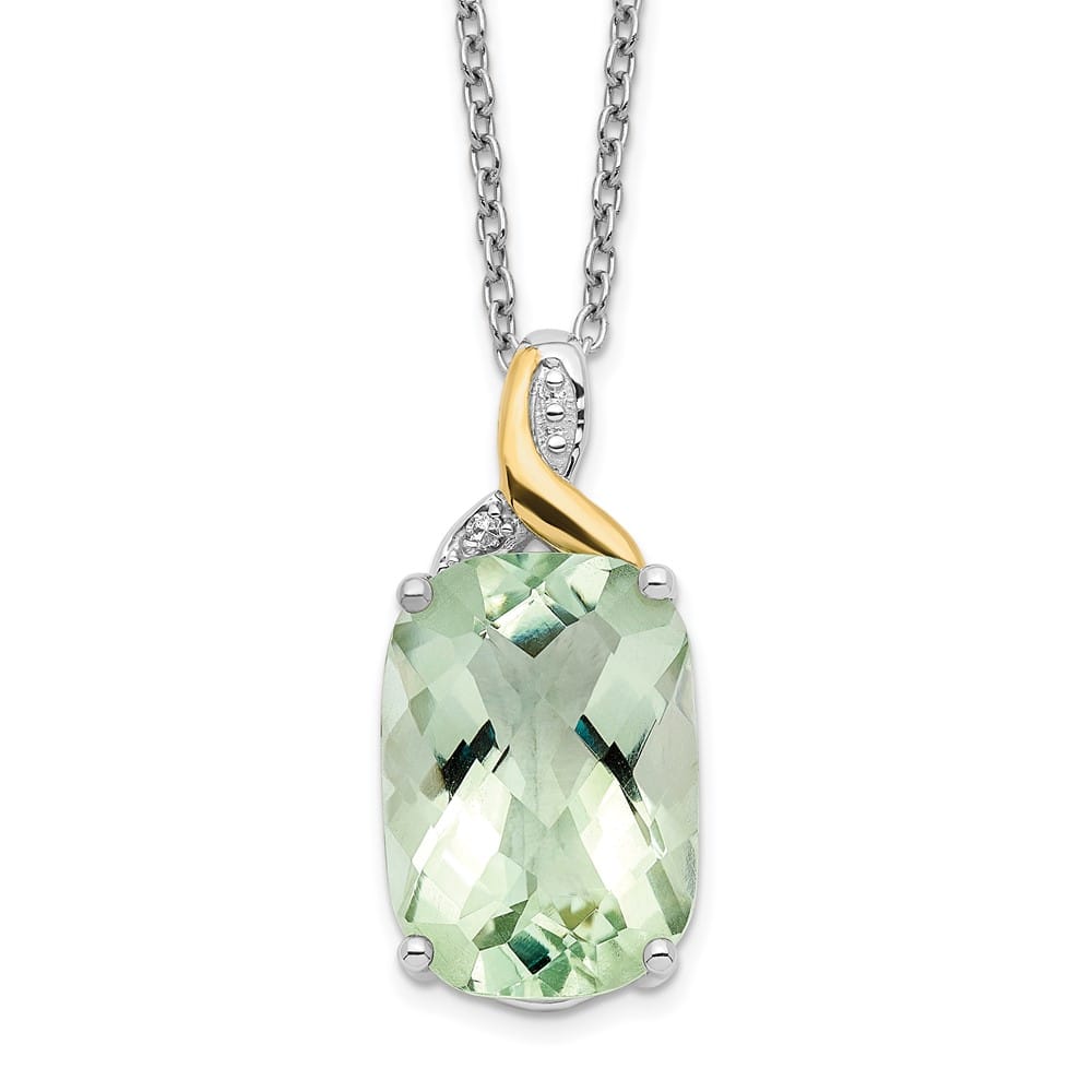 Sterling Silver 14k Green Quartz and Diamond 22x11 mm 20 inch Necklace
