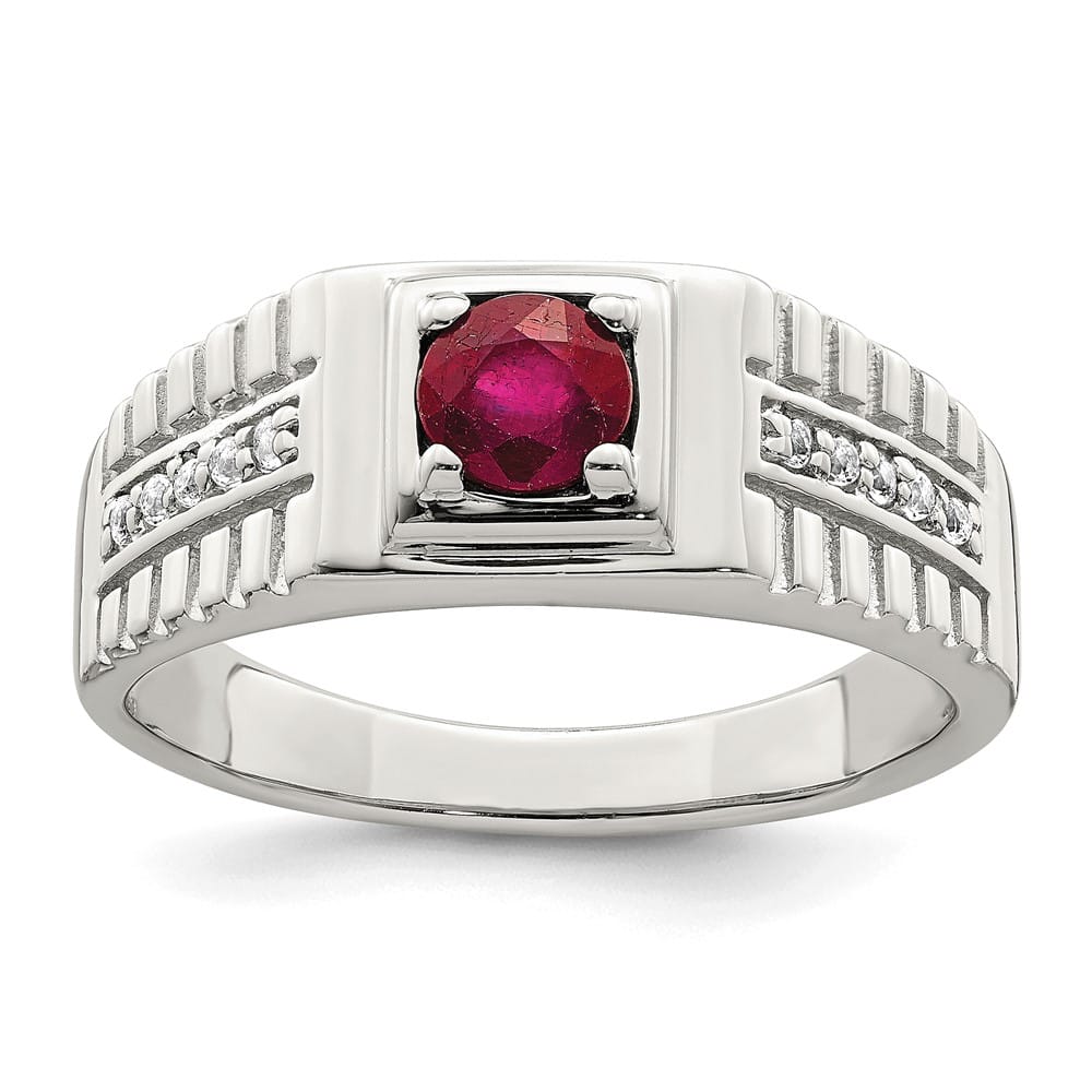 Sterling Silver 2.96 mm African Ruby and White Topaz Men's Ring