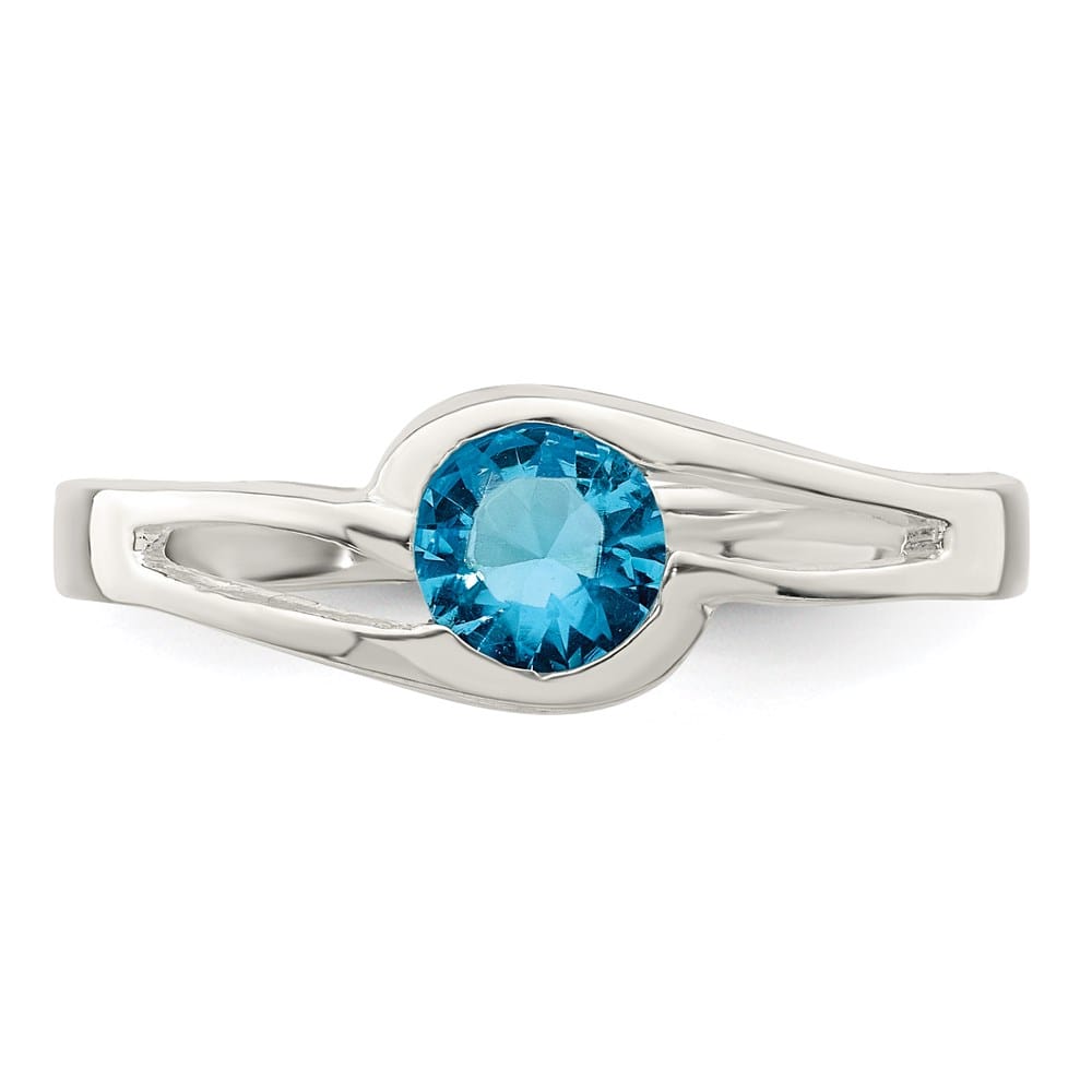 Sterling Silver 2 mm Light Blue Round Bezel CZ Ring