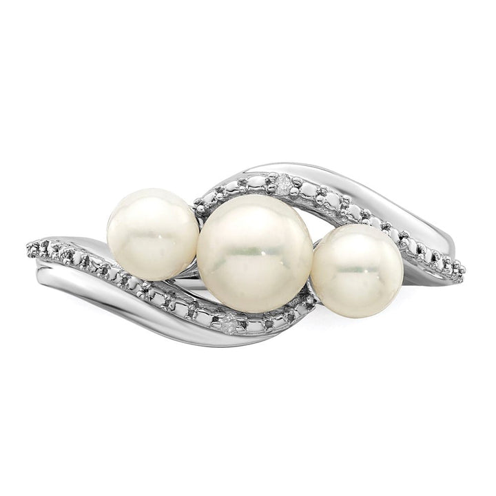 Sterling Silver 2-Stone Diamond and Cultured Pearl 5.5 mm Pave Ring