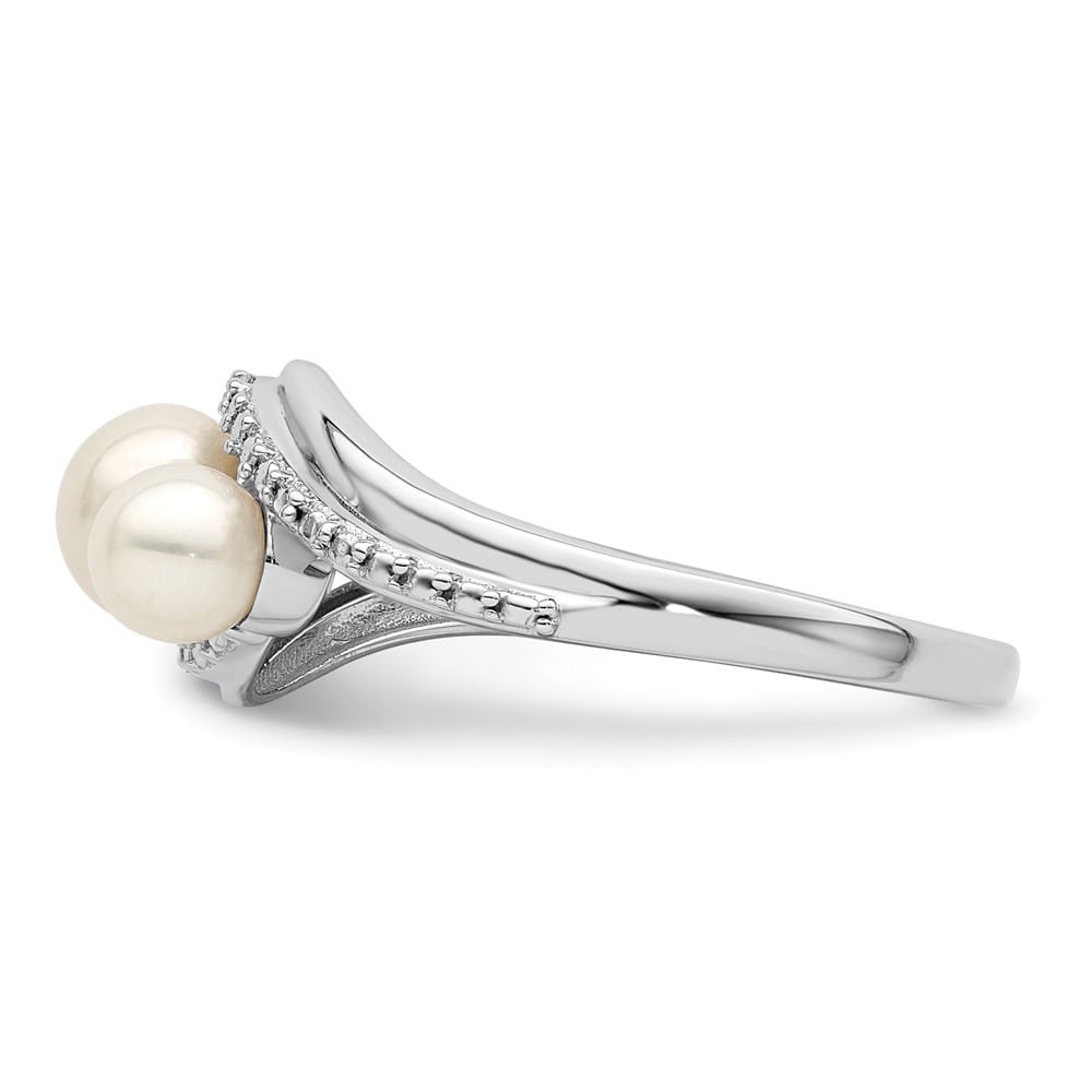 Sterling Silver 2-Stone Diamond and Cultured Pearl 5.5 mm Pave Ring
