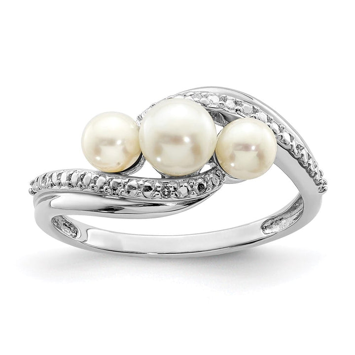 Sterling Silver 2-Stone Diamond and Cultured Pearl 5.5 mm Pave Ring