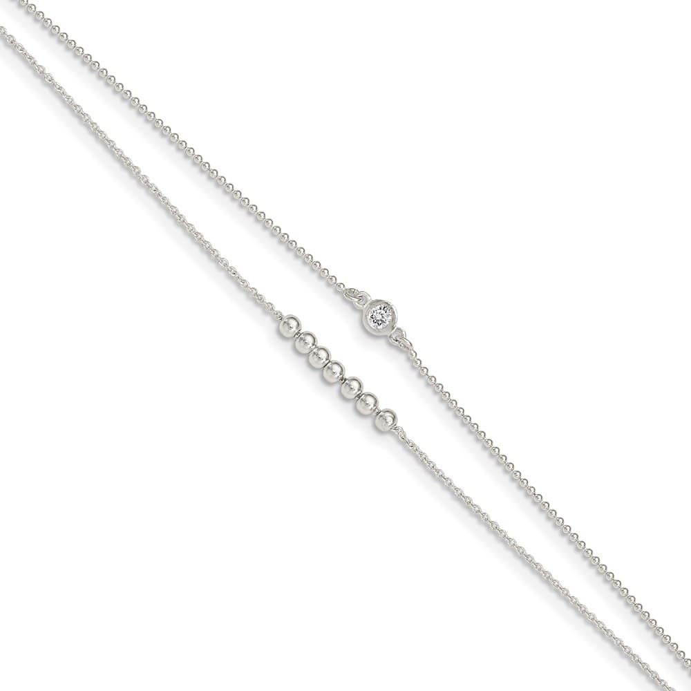 Sterling Silver 2-Strand Beaded CZ Anklet — .925 sterling silver, 10 inches long, 1 inch extension, spring ring clasp, 2.39 g