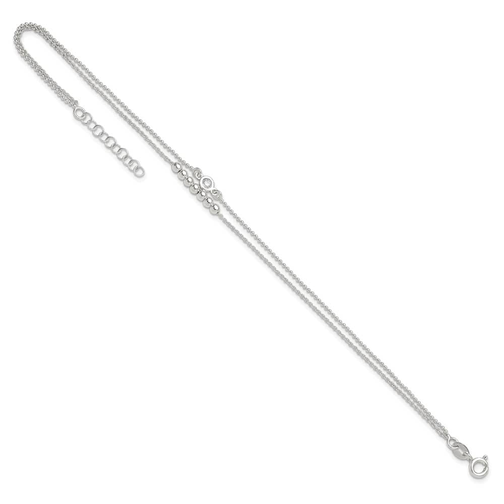 Sterling Silver 2-Strand Beaded CZ Anklet