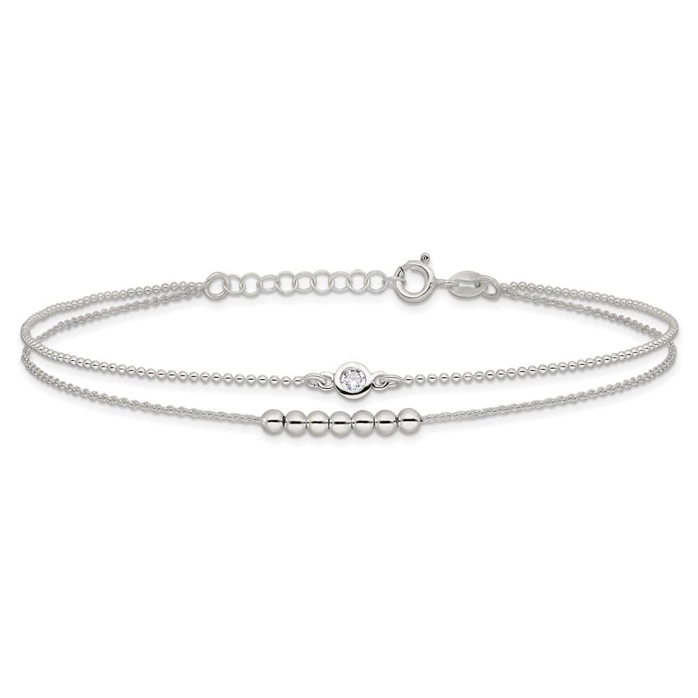 Sterling Silver 2-Strand Beaded CZ Anklet