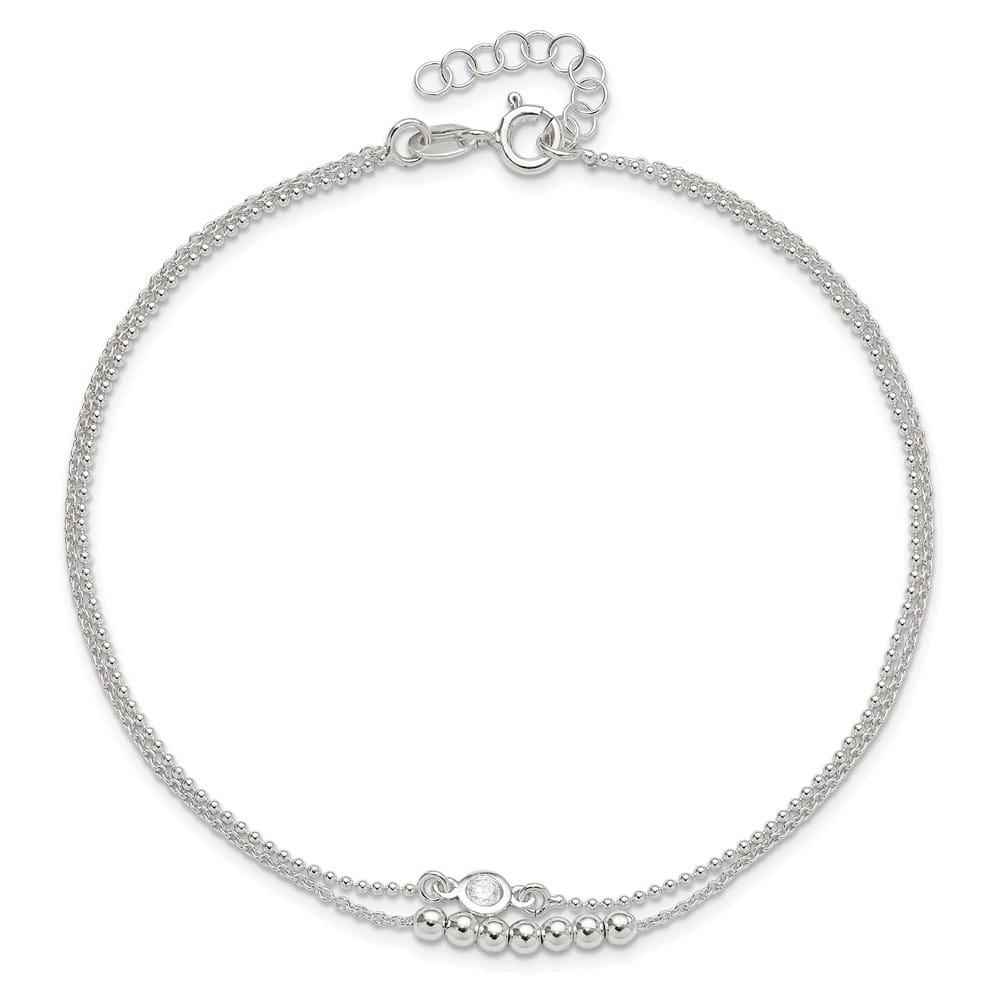 Sterling Silver 2-Strand Beaded CZ Anklet