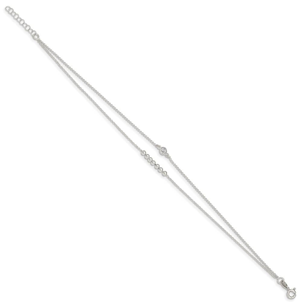 Sterling Silver 2-Strand Beaded CZ Anklet
