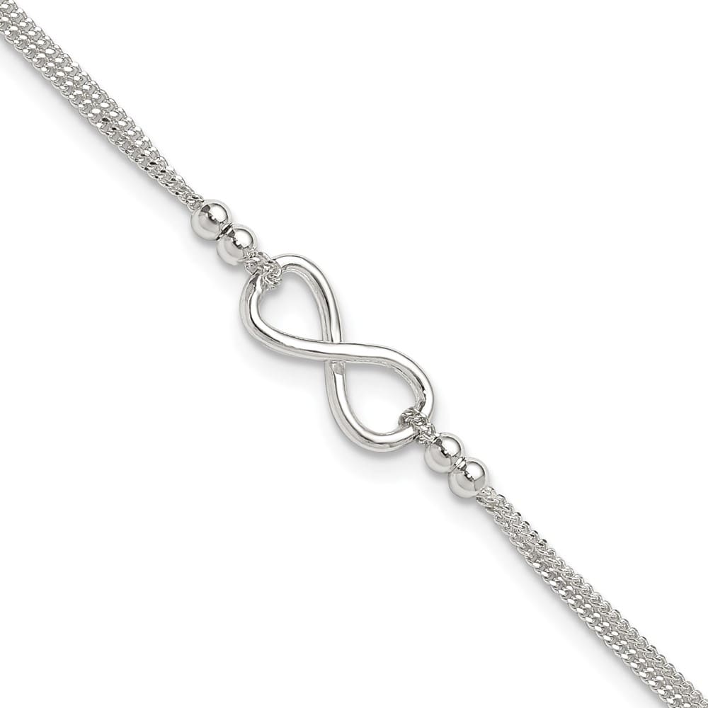 Sterling Silver 2-Strand Infinity on Curb Link Anklet — .925 sterling silver, 10 inches long, 1 inch extension, 1.25 mm wide, spring ring clasp, 2.70 g