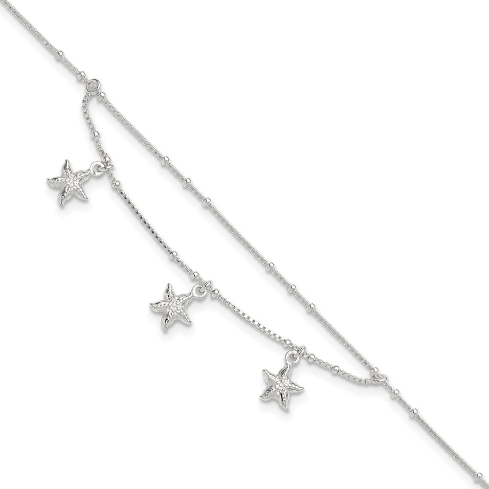 Sterling Silver 2-Strand Starfish Anklet — .925 sterling silver, 10 inches long, 1 inch extension, 0.8 mm wide, spring ring clasp, 2.68 g