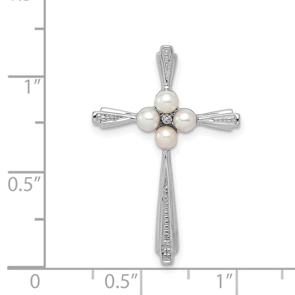 Sterling Silver 3-4mm White Cultured Pearl and Diamond Cross Pendant