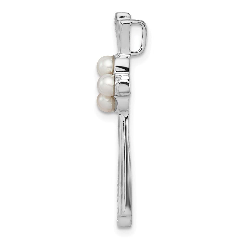 Sterling Silver 3-4mm White Cultured Pearl and Diamond Cross Pendant