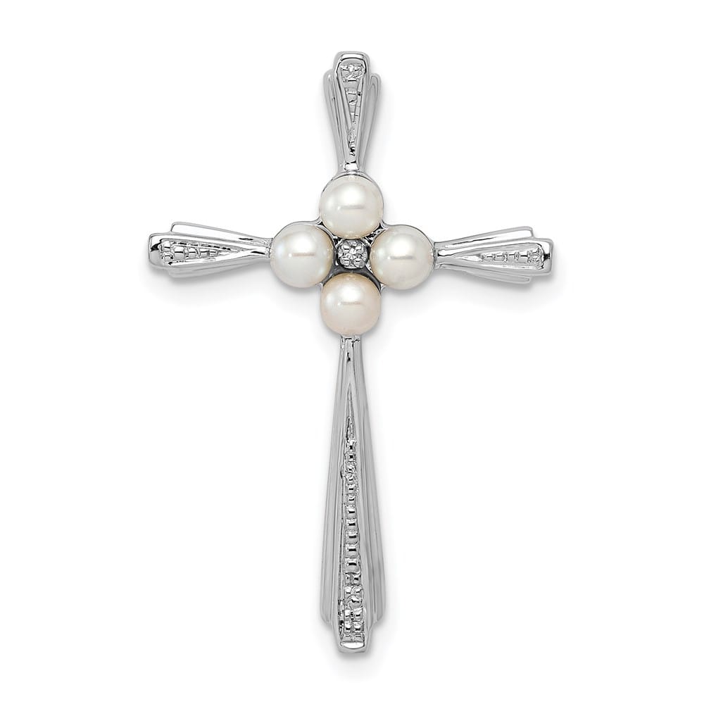 Sterling Silver 3-4mm White Cultured Pearl and Diamond Cross Pendant