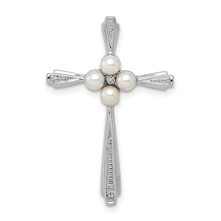 Sterling Silver 3-4mm White Cultured Pearl and Diamond Cross Pendant