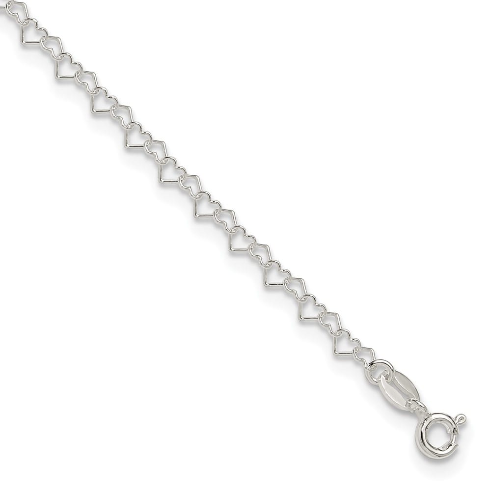Sterling Silver 3.5mm Fancy Heart Link Anklet — .925 sterling silver, 10 inches long, 0.5 mm wide, spring ring clasp, 1.23 g