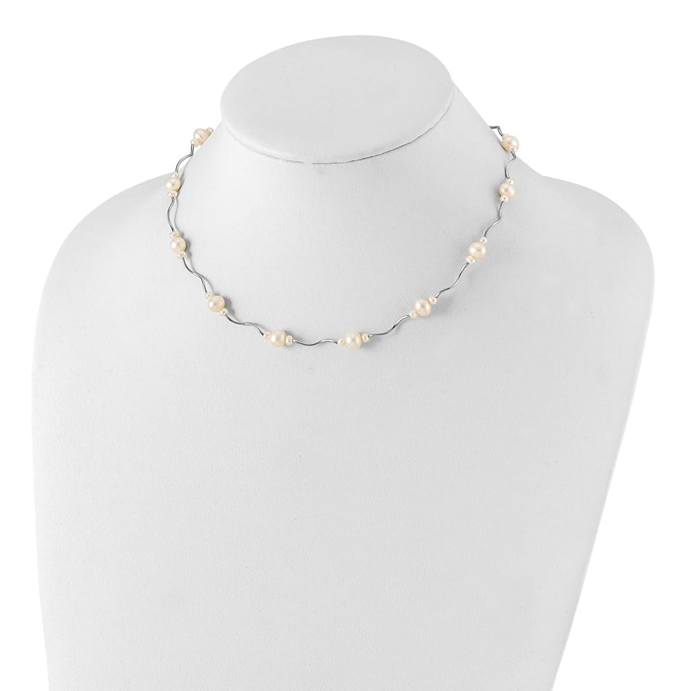 Sterling Silver 3-7mm White Near-Round Cultured Pearl 16 inch Necklace