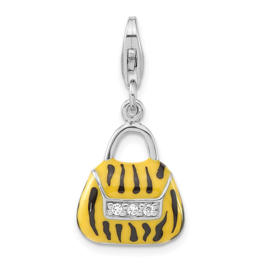 Sterling Silver 3-D CZ Yellow/Black Enamel Tiger Purse Charm