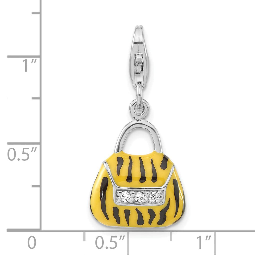 Sterling Silver 3-D CZ Yellow/Black Enamel Tiger Purse Charm