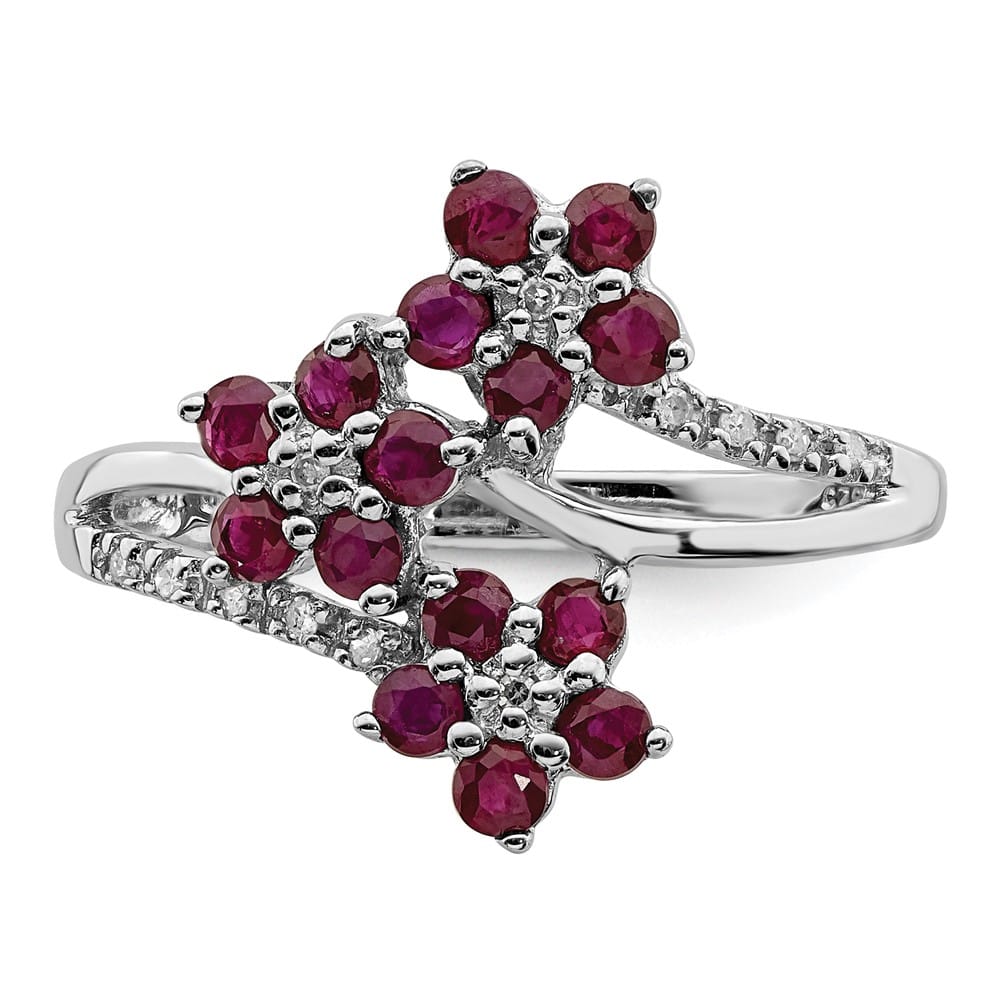 Sterling Silver 3 Flower Ruby and Diamond Ring