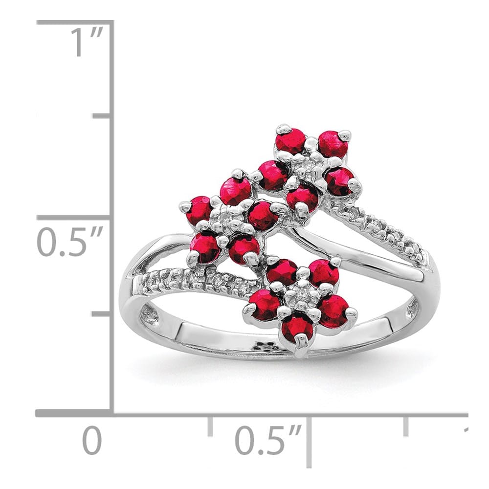 Sterling Silver 3 Flower Ruby and Diamond Ring