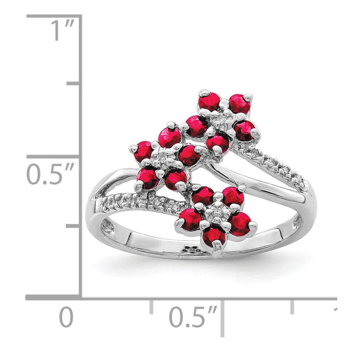 Sterling Silver 3 Flower Ruby and Diamond Ring