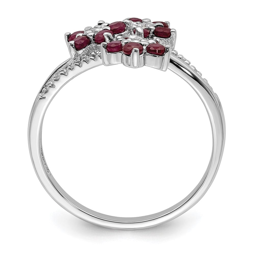 Sterling Silver 3 Flower Ruby and Diamond Ring