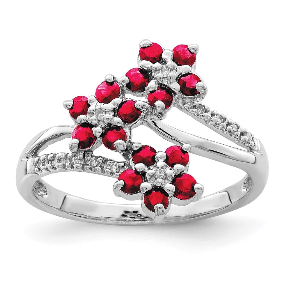 Sterling Silver 3 Flower Ruby and Diamond Ring