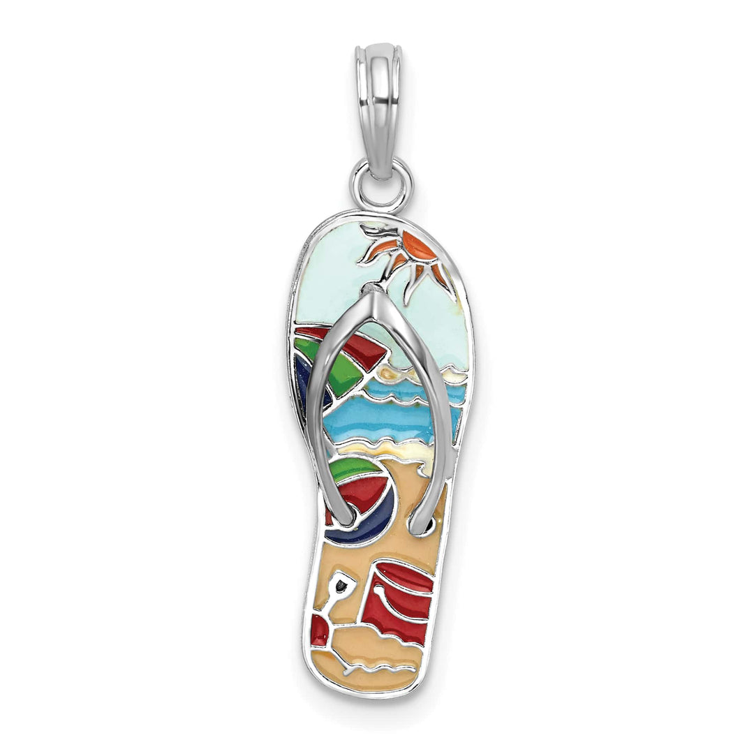 Sterling Silver 3D Enameled Beach Scene Flip-flop Pendant