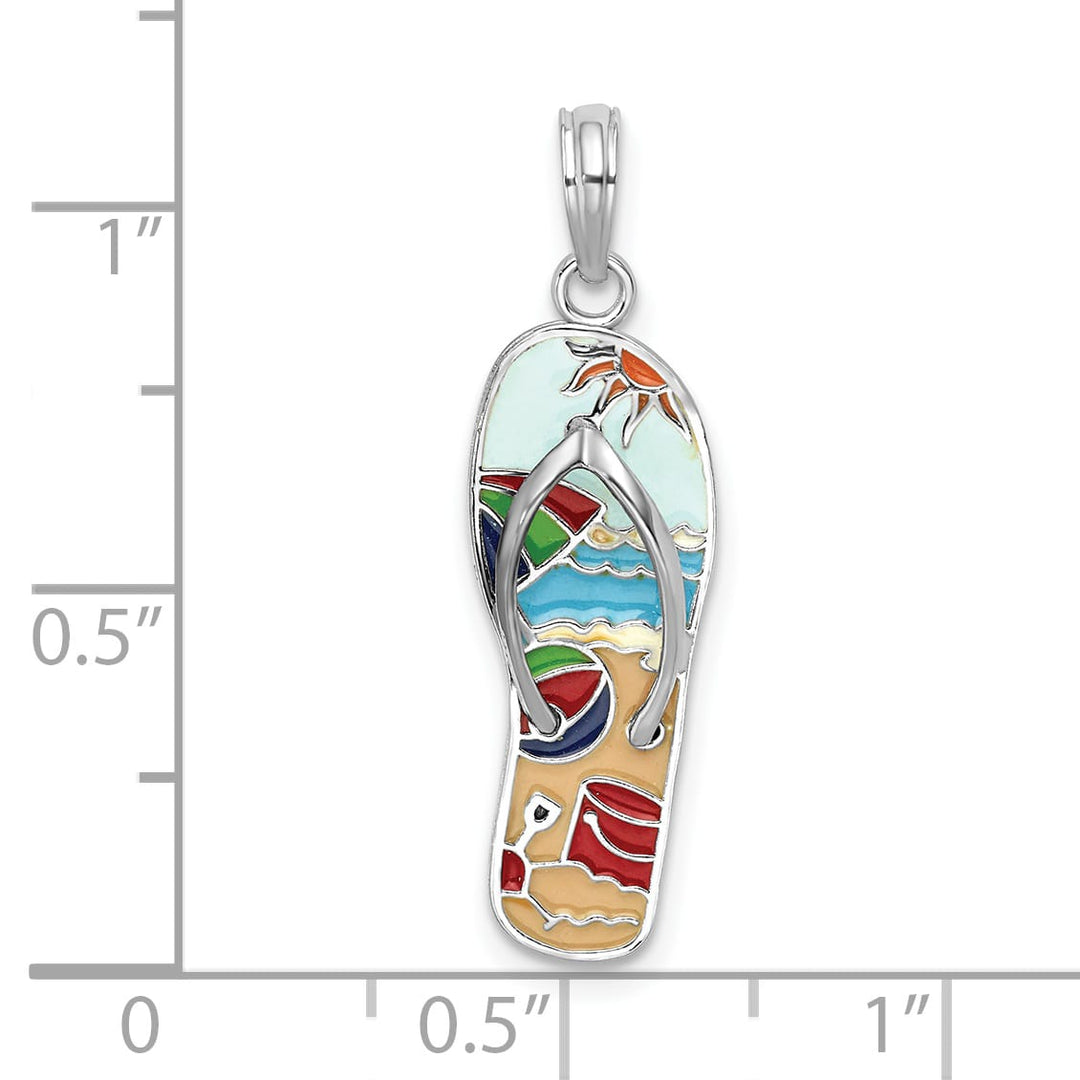 Sterling Silver 3D Enameled Beach Scene Flip-flop Pendant