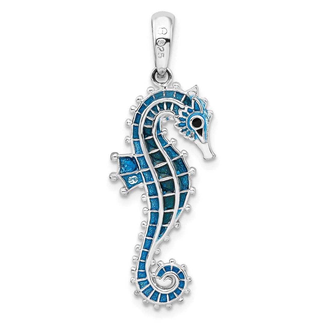 Sterling Silver 3D Enameled Blue Seahorse Pendant