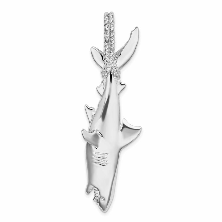 Sterling Silver 3D Shark Hanging from Rope Pendant