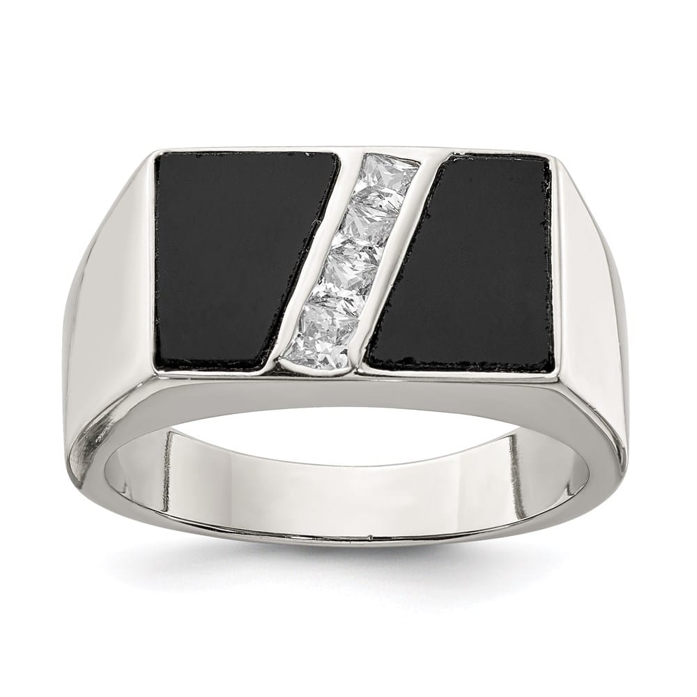 Sterling Silver 4.5 mm CZ and Onyx Men's Ring
