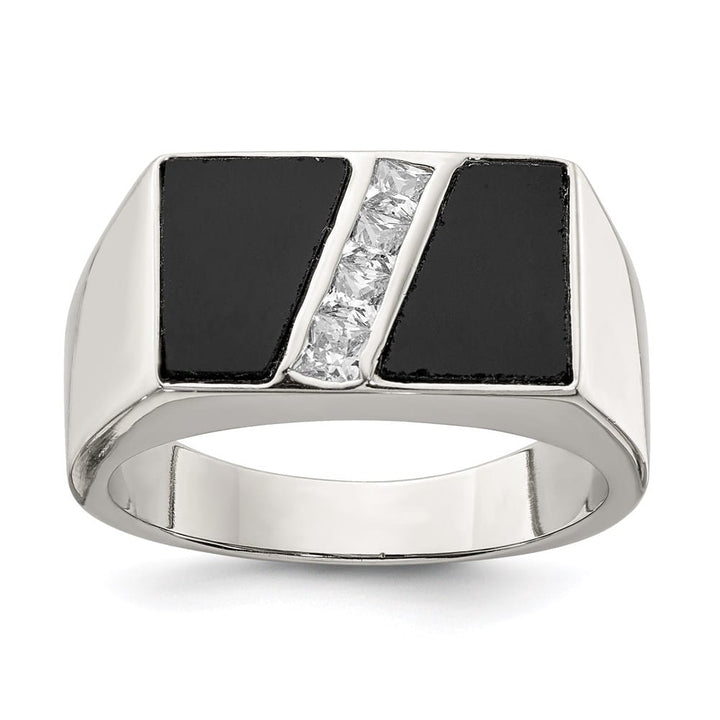 Sterling Silver 4.5 mm CZ and Onyx Men's Ring