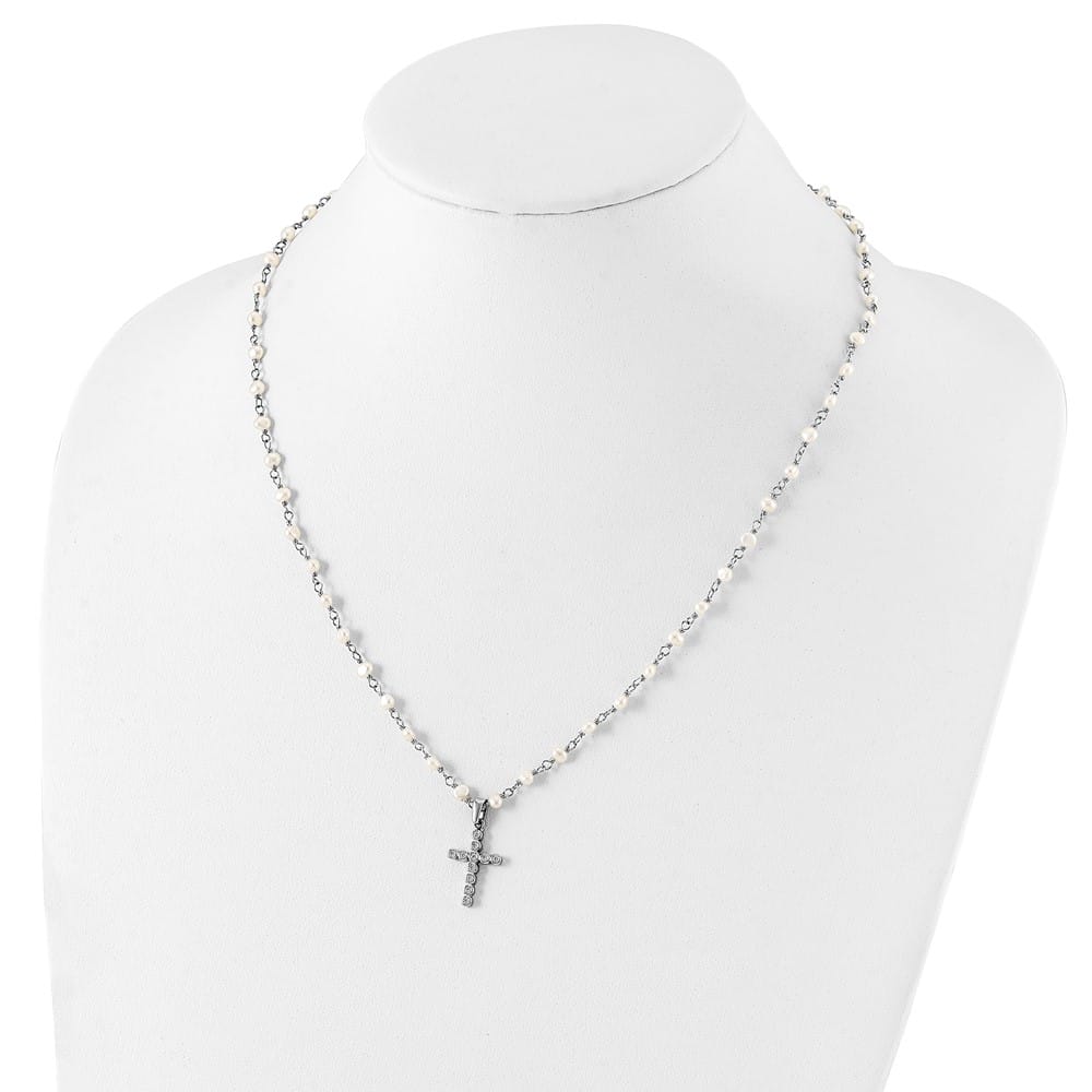 Sterling Silver 4-5mm Cultured Pearl and CZ Cross 21 inch Necklace
