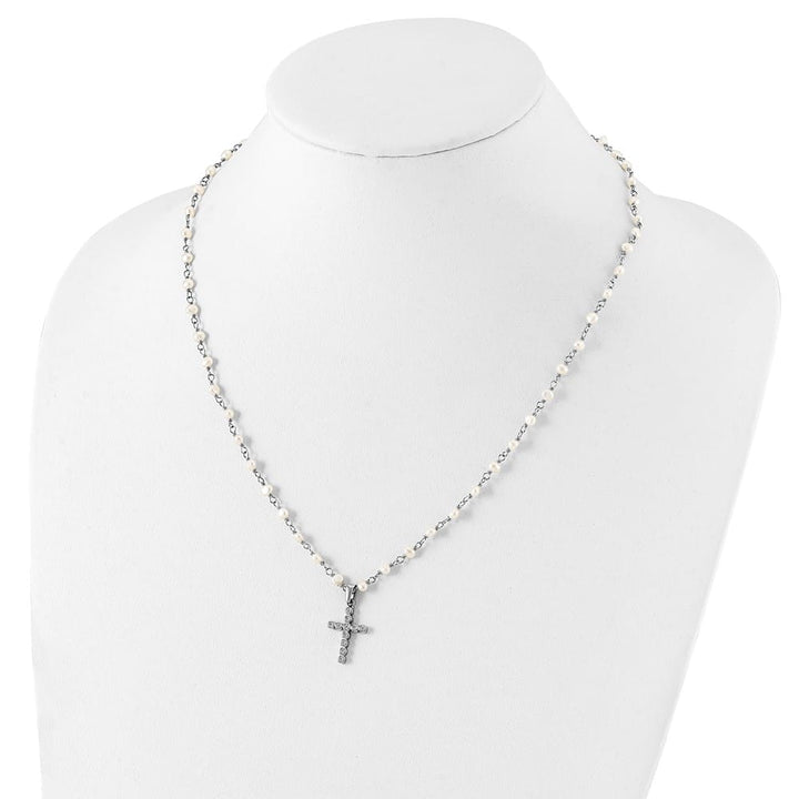 Sterling Silver 4-5mm Cultured Pearl and CZ Cross 21 inch Necklace
