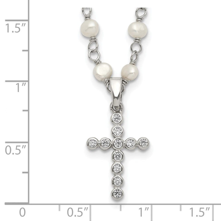 Sterling Silver 4-5mm Cultured Pearl and CZ Cross 21 inch Necklace