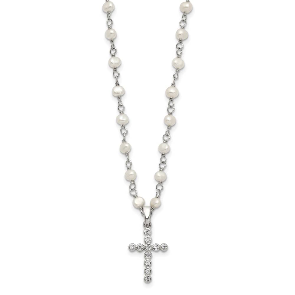 Sterling Silver 4-5mm Cultured Pearl and CZ Cross 21 inch Necklace