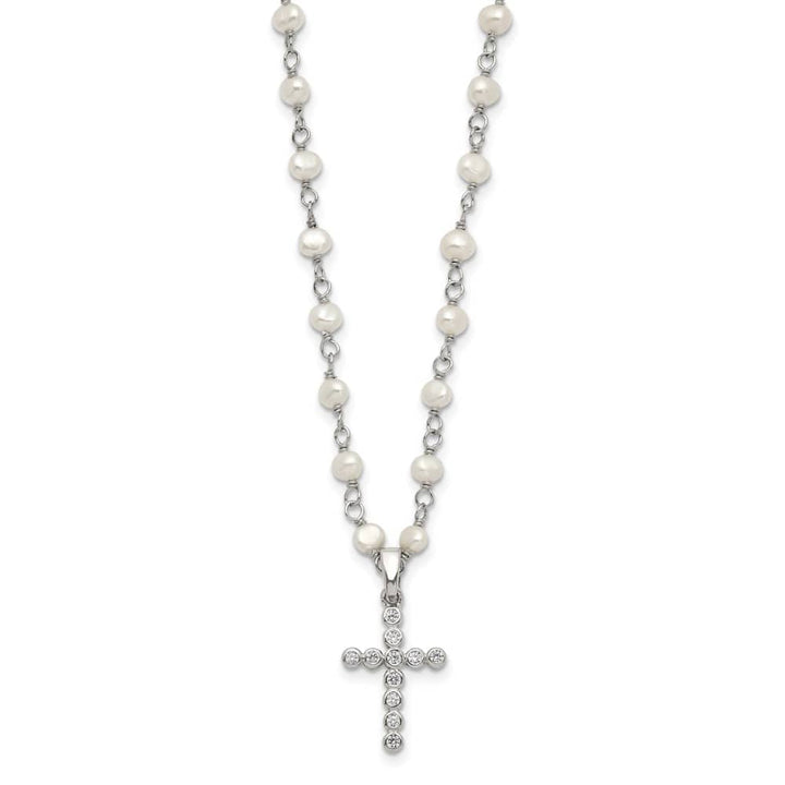 Sterling Silver 4-5mm Cultured Pearl and CZ Cross 21 inch Necklace