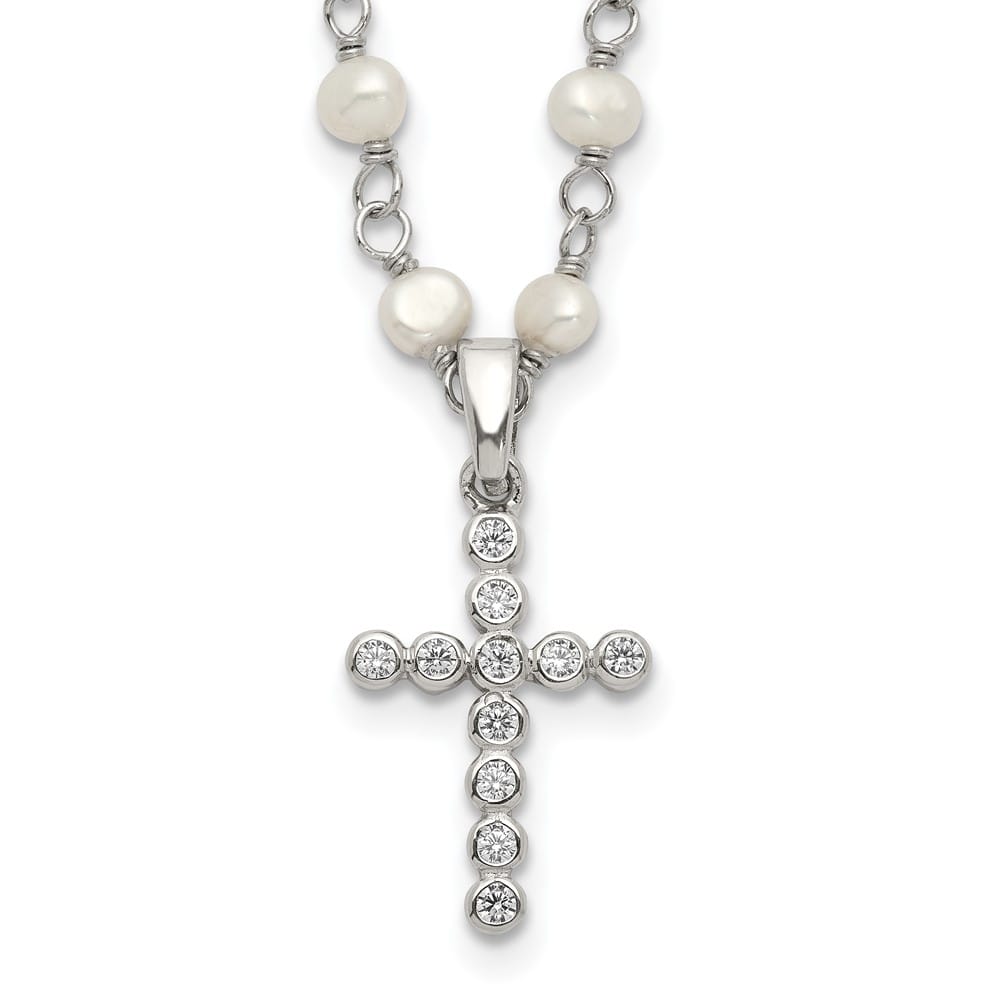 Sterling Silver 4-5mm Cultured Pearl and CZ Cross 21 inch Necklace