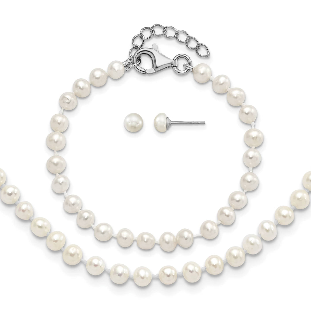 Sterling Silver 4-5mm White Freshwater Cultured Pearl 14 inch Set