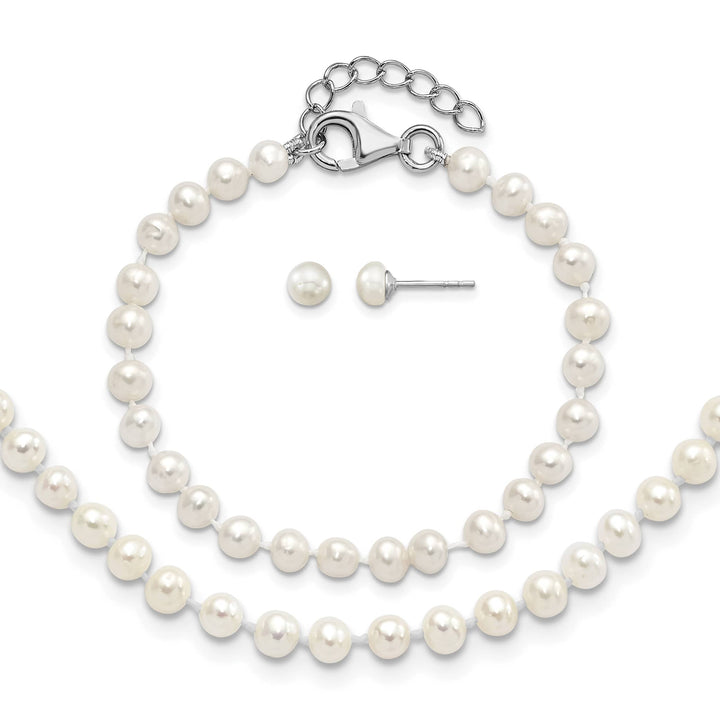 Sterling Silver 4-5mm White Freshwater Cultured Pearl 14 inch Set