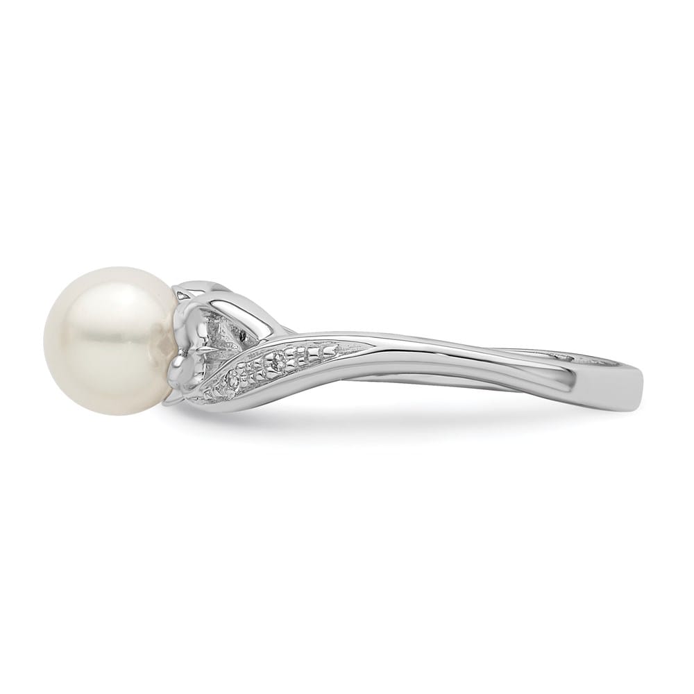 Sterling Silver 4-Stone Diamond and Cultured Pearl 6 mm Textured Ring