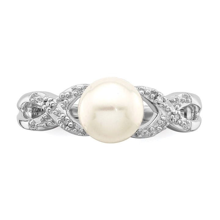 Sterling Silver 4-Stone Diamond and Cultured Pearl 7 mm Textured Ring
