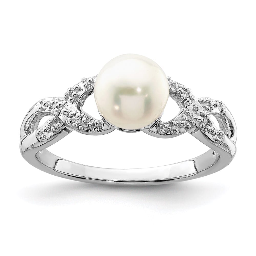 Sterling Silver 4-Stone Diamond and Cultured Pearl 7 mm Textured Ring
